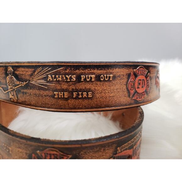ADULT SMALL Vintage Firefighter Tooled Leather Belt Handmade - Picture 4 of 7